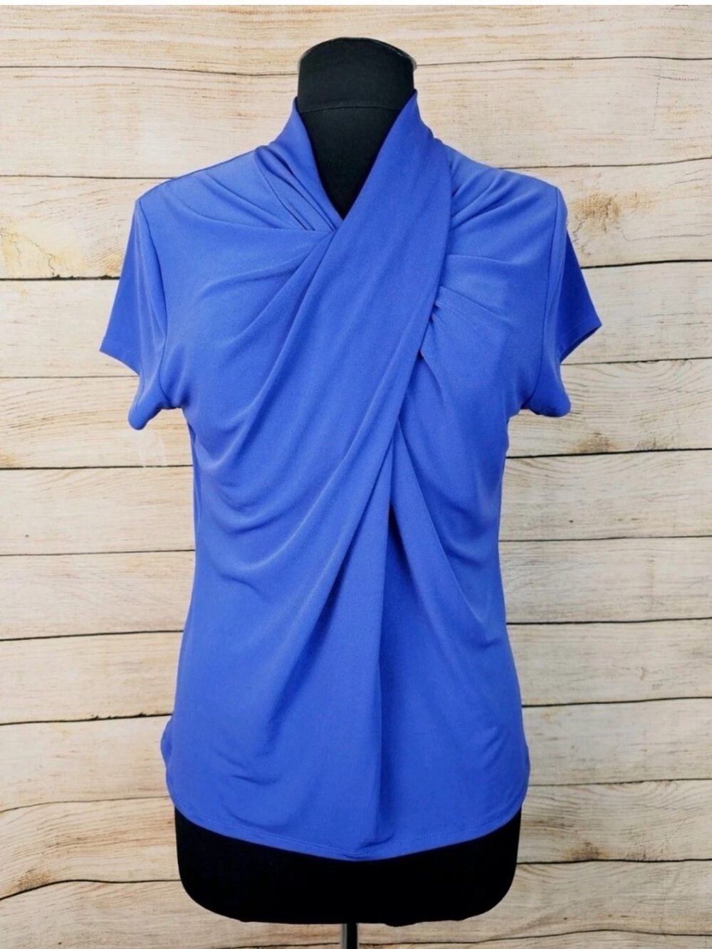 Tahari Periwinkle Draped Crossover Short Sleeve Top